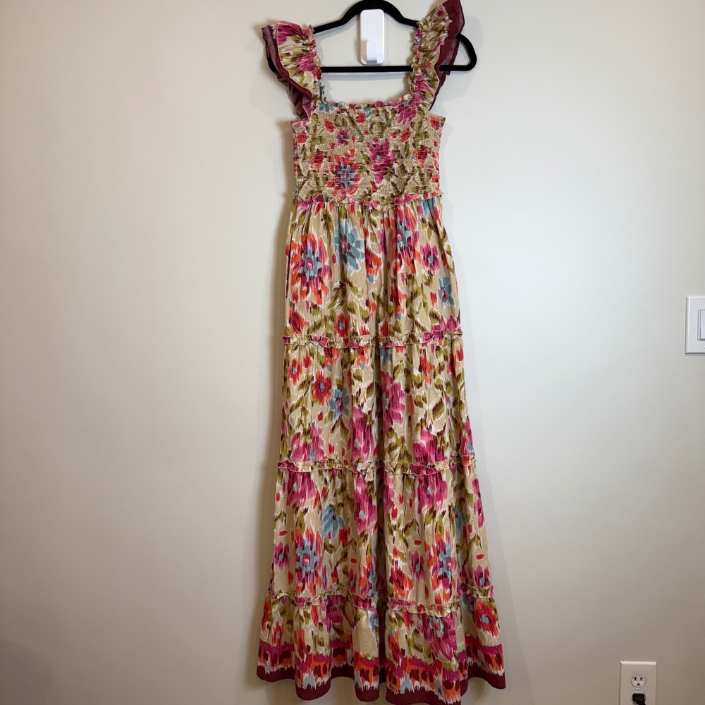 House of Harlow Smocked Tiered Maxi Dress Floral Print Beige Pink Blue Women's S